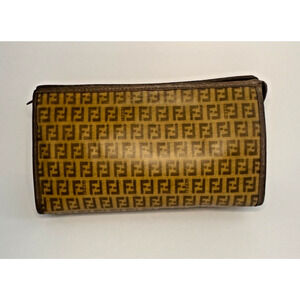 Authentic FENDI Vintage Zucca Canvas Cosmetic Pouch Clutch Brown Logo Italy
